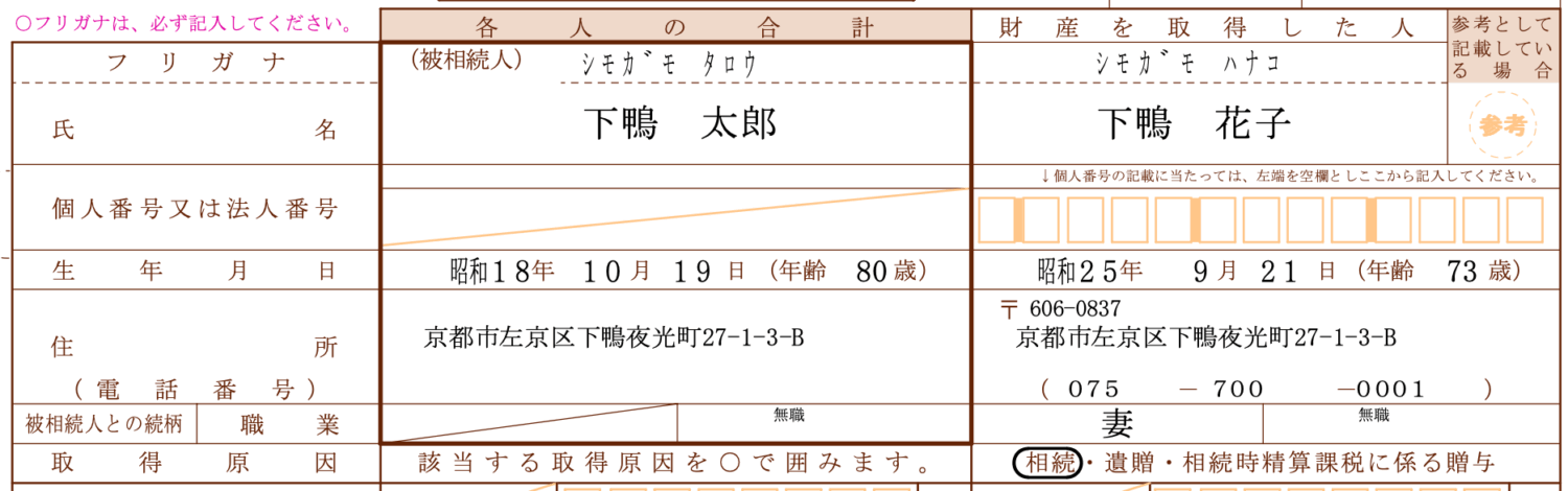 相続税申告書第1表の個人情報記載欄