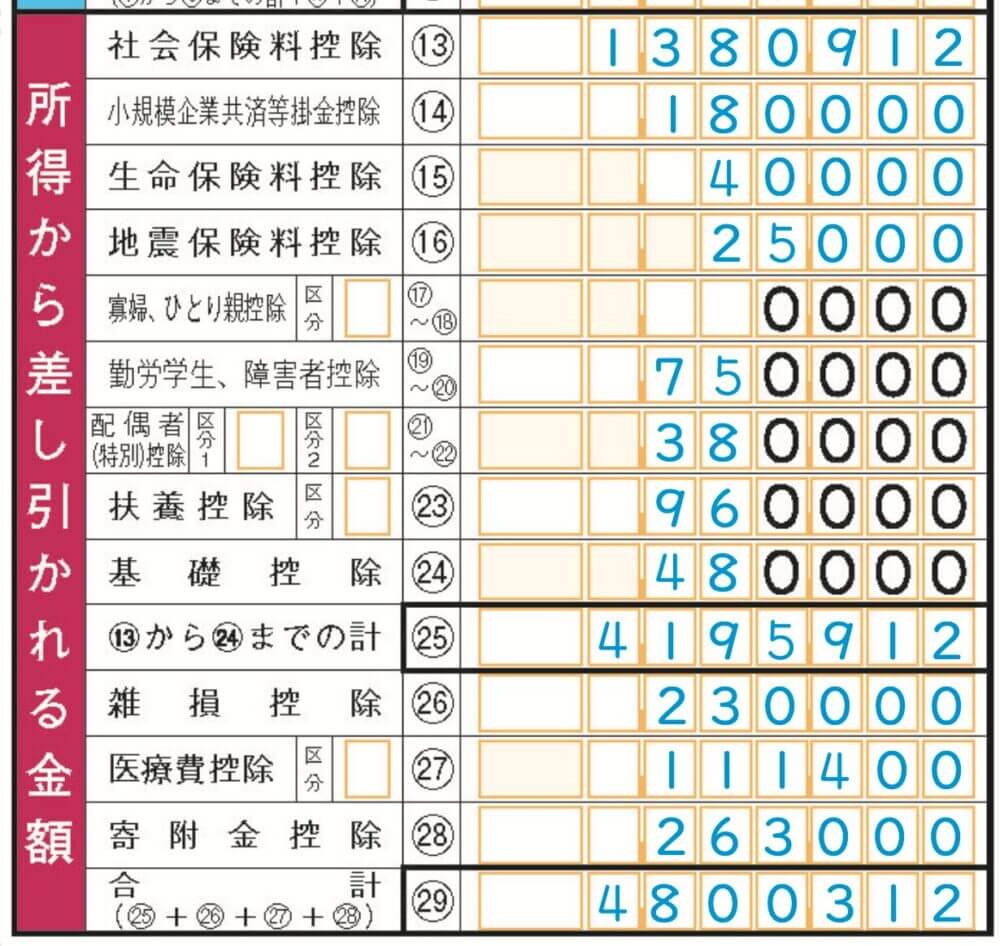 所得から差し引かれる金額（所得控除）の確定申告書記入例