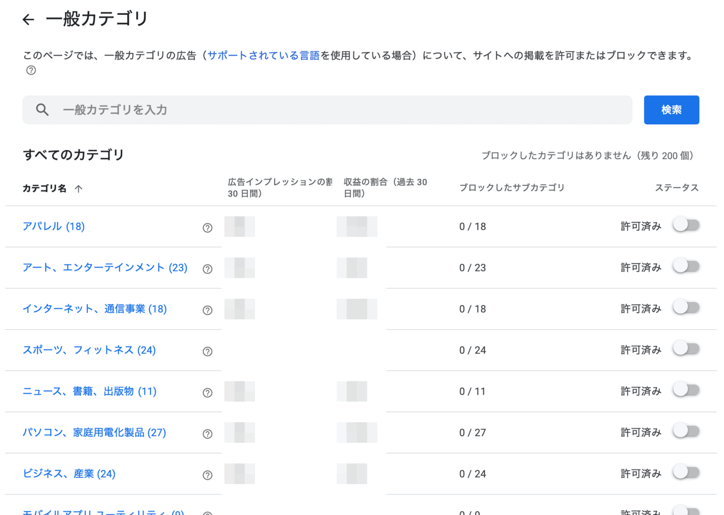 カテゴリ単位でのブロック設定画面