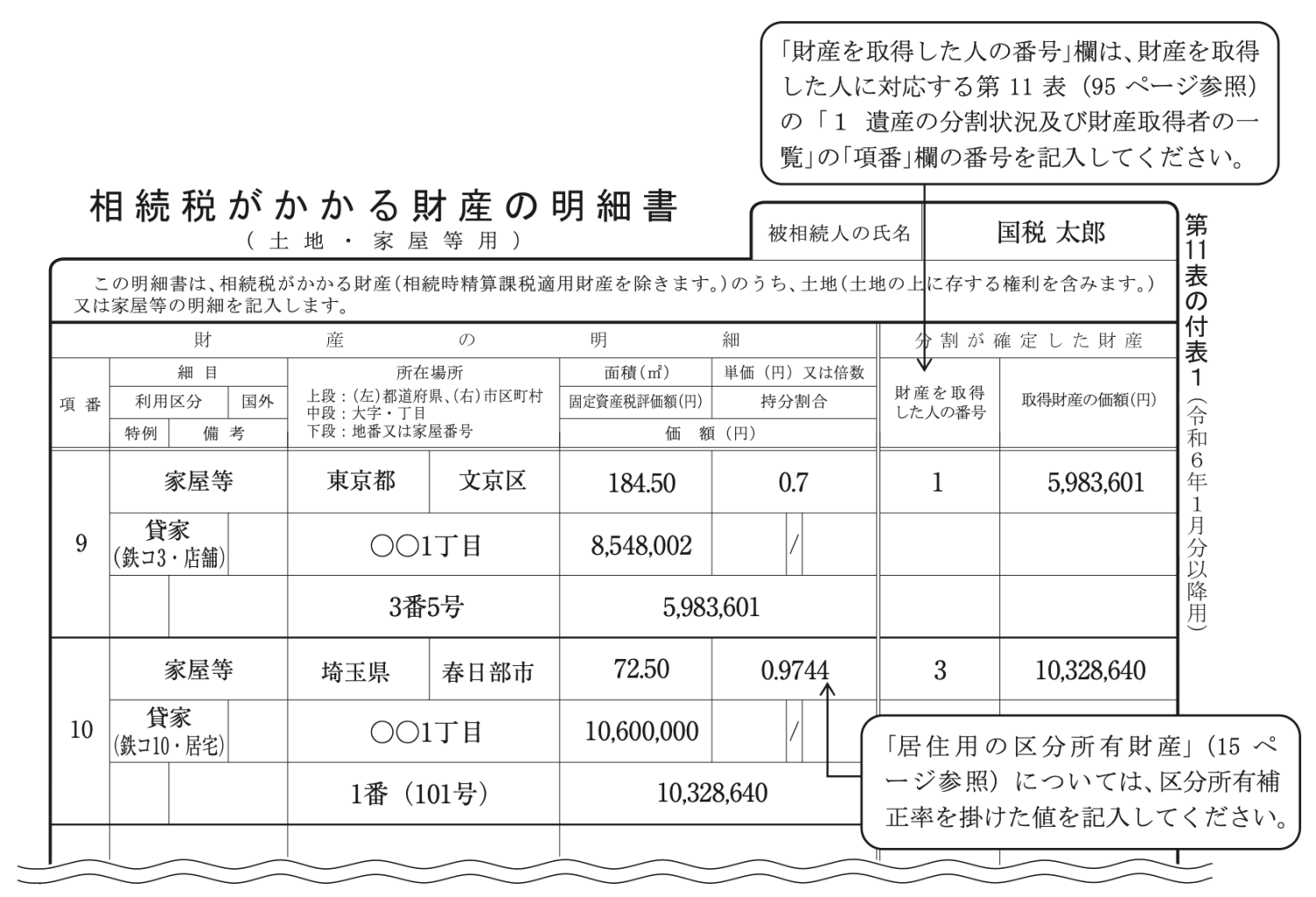 「相続税の申告のしかた」に記載されている第11表の付表1の記入例